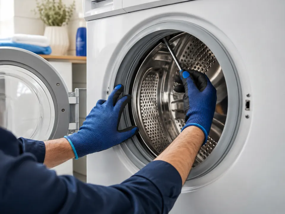 Çamaşır makinesi kazanını kontrol eden teknik servis görevlisi